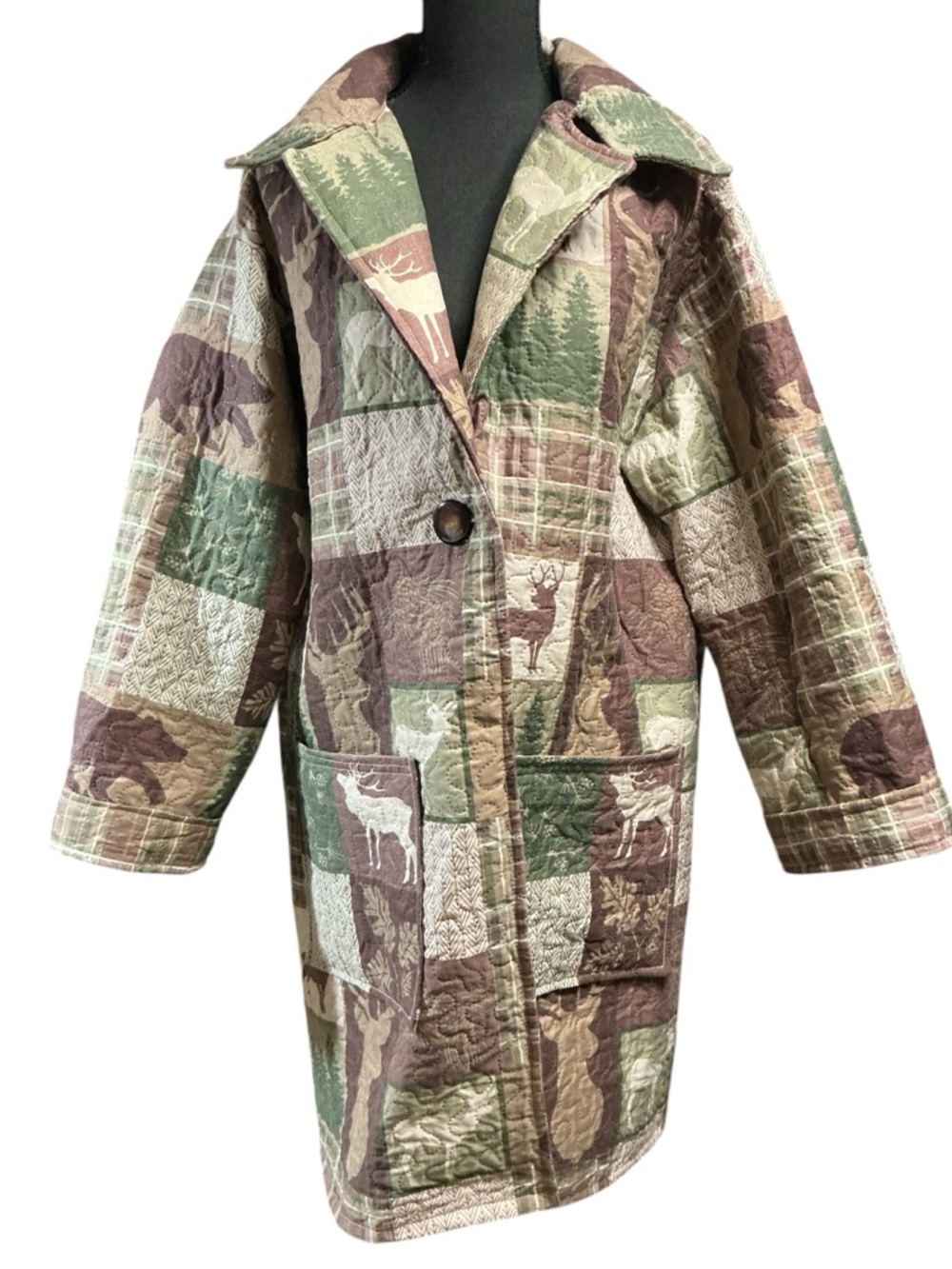 Camo Patchwork Blanket Jacket Upcycled Bedspread Forest Bear Deer Cabin